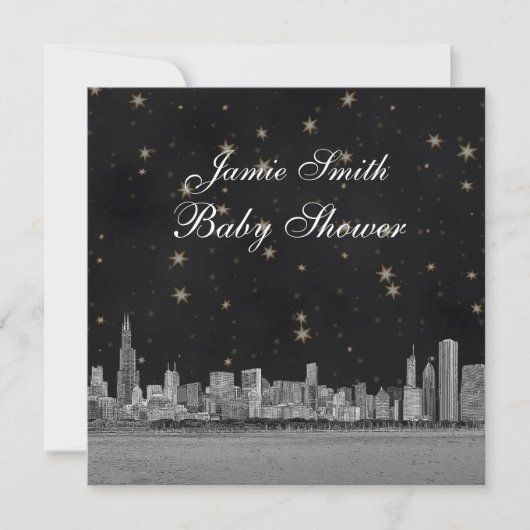 Chicago Skyline Black Gold Star Baby Dusche Einladung (Vorderseite)