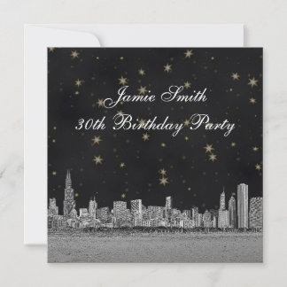 Chicago Skyline Black Gold Star Geburtstagsparty Einladung
