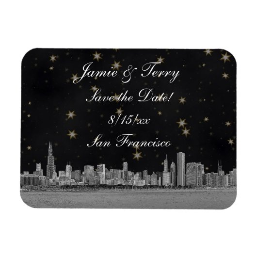 Chicago Skyline Black Gold Star Save the Date Magnet (Horizontal)