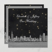 Chicago Skyline Black Gold Star SQ Wedding Einladung (Vorne/Hinten)