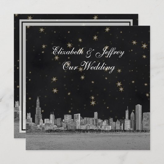 Chicago Skyline Black Gold Star SQ Wedding Einladung (Vorne/Hinten)