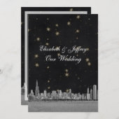 Chicago Skyline Black Gold Star V Wedding Einladung (Vorne/Hinten)