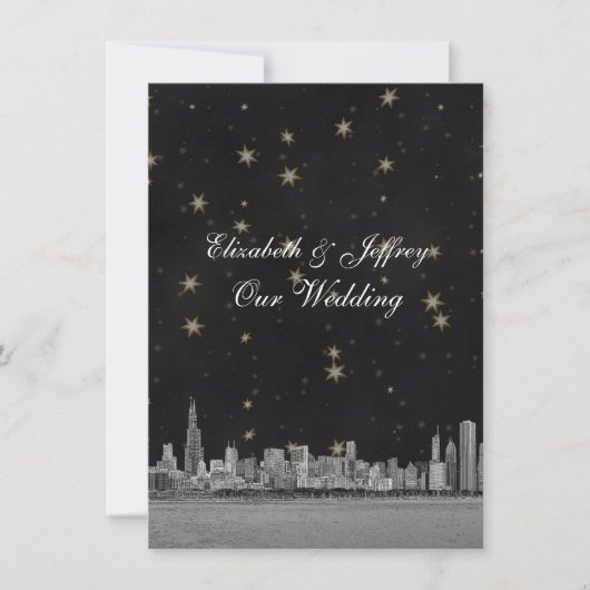 Chicago Skyline Black Gold Star V Wedding Einladung (Vorderseite)