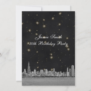 Chicago Skyline Blk Gold Star Geburtstagsparty V Einladung