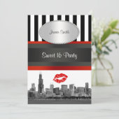 Chicago Skyline BW Blk Wht Strp Red Kiss Sweet 16 Einladung (Stehend Vorderseite)
