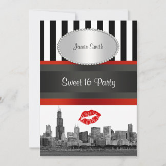 Chicago Skyline BW Blk Wht Strp Red Kiss Sweet 16 Einladung