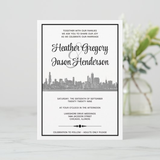 Chicago Skyline Einladung zur Hochzeit mit QR Code (Stehend Vorderseite)