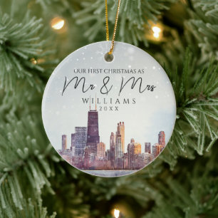 Chicago Skyline Erstes Weihnachten als Herr und Fr Keramik Ornament