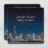 Chicago Skyline Etch Blue Starry SQ Sweet 16 Einladung (Vorne/Hinten)