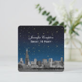 Chicago Skyline Etch Blue Starry SQ Sweet 16 Einladung (Stehend Vorderseite)