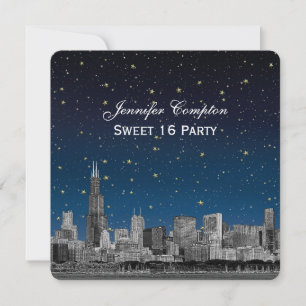 Chicago Skyline Etch Blue Starry SQ Sweet 16 Einladung