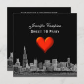 Chicago Skyline Etch DIY BG Red Heart SQ Sweet 16 Einladung (Vorne/Hinten)