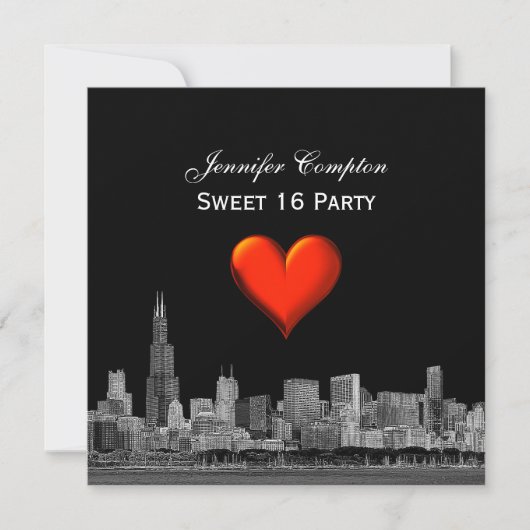 Chicago Skyline Etch DIY BG Red Heart SQ Sweet 16 Einladung (Vorderseite)