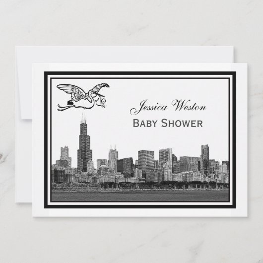 Chicago Skyline Etch Gerahmt #2H Baby Shower Storc Einladung (Vorderseite)