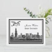 Chicago Skyline Etch Gerahmt #2H Baby Shower Storc Einladung (Stehend Vorderseite)