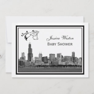 Chicago Skyline Etch Gerahmt #2H Baby Shower Stork Einladung
