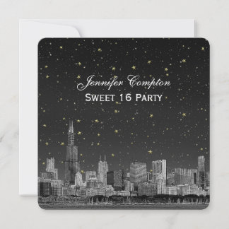 Chicago Skyline Etch Gray Starry SQ Sweet 16 Einladung