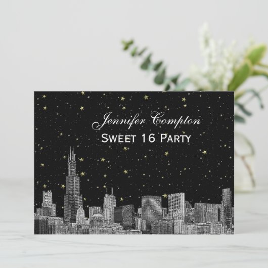 Chicago Skyline Etch Starry DIY BG SQ Sweet 16 H Einladung (Stehend Vorderseite)