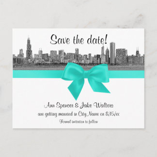 Chicago Skyline Etched BW Aqua Save the Date Ankündigungspostkarte