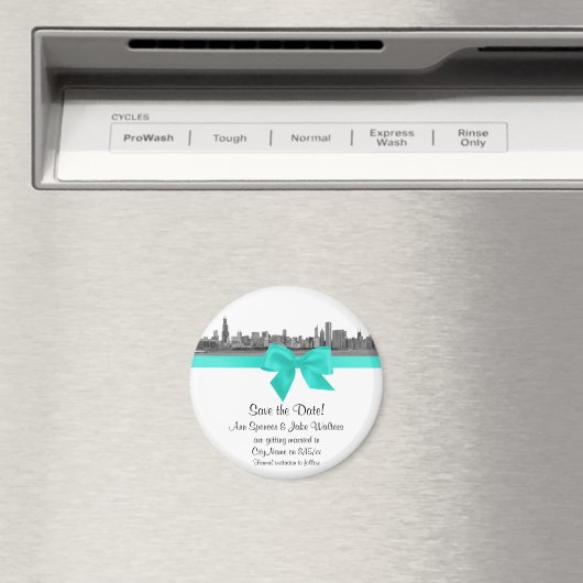Chicago Skyline Etched BW Aqua Save the Date R Magnet (In Situ (Geschirrspüler))