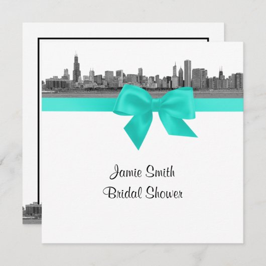 Chicago Skyline Etched BW Aqua SQ Brautparty Einladung (Vorne/Hinten)