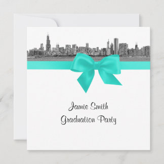 Chicago Skyline Etched BW Aqua SQ Graduation Party Einladung