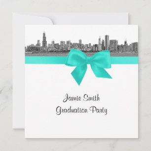 Chicago Skyline Etched BW Aqua SQ Graduation Party Einladung