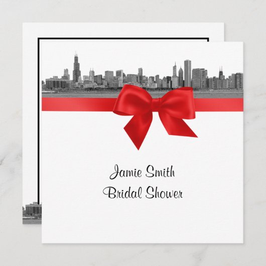 Chicago Skyline Etched BW Red SQ Brautparty Einladung (Vorne/Hinten)