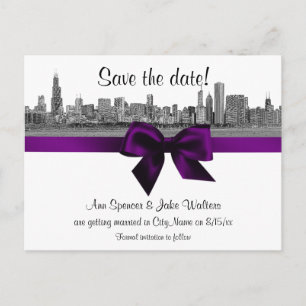 Chicago Skyline Etched BW Save the Date Lila Ankündigungspostkarte