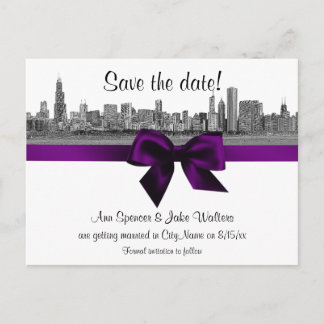 Chicago Skyline Etched BW Save the Date Lila Ankündigungspostkarte