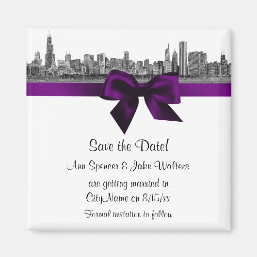 Chicago Skyline Etched BW Save the Date Lila Magnet (Vorne)