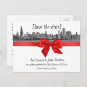 Chicago Skyline Etched BW Save the Date Red Ankündigungspostkarte (Vorne/Hinten)