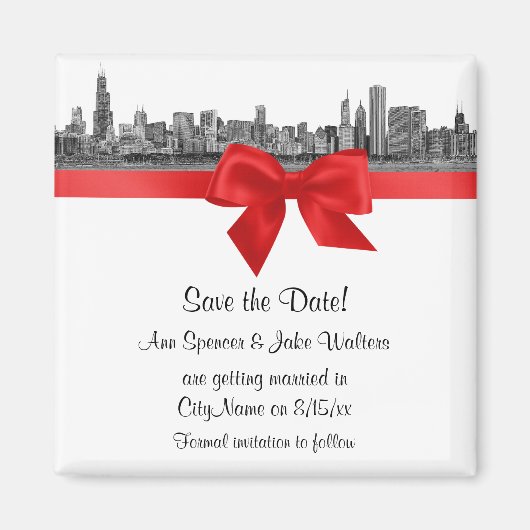 Chicago Skyline Etched BW Save the Date Red Magnet (Vorne)