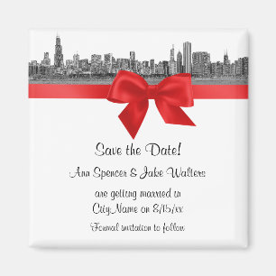 Chicago Skyline Etched BW Save the Date Red Magnet