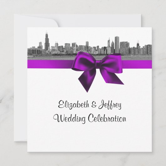 Chicago Skyline Etched BW SQ Violet Wedding Einladung (Vorderseite)