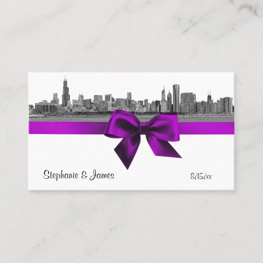 Chicago Skyline Etched BW Violet Escort Cards Platzkarte (Vorderseite)