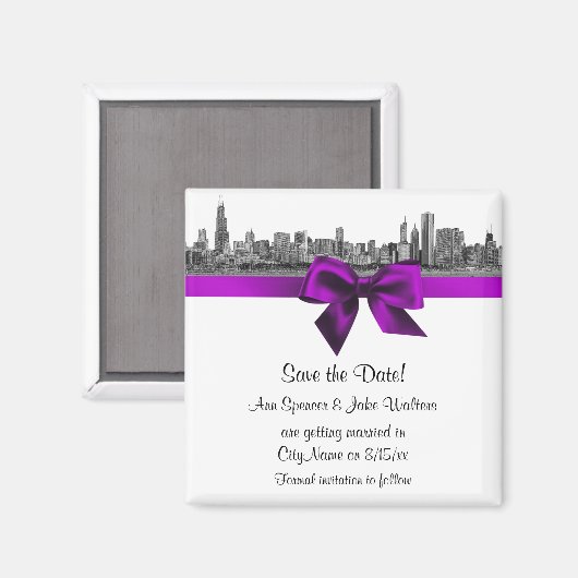 Chicago Skyline Etched BW Violet Save the Date Magnet (Vorderseite/Rückseite)