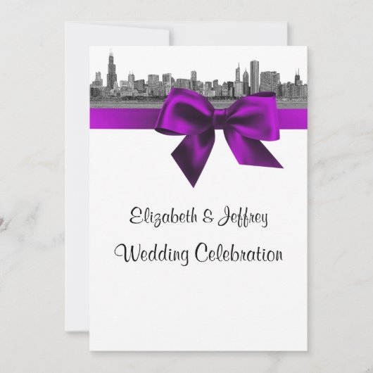 Chicago Skyline Etched BW Violet Wedding Einladung (Vorderseite)