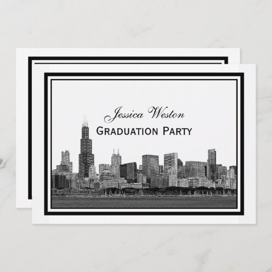 Chicago Skyline Etched Gerahmt H Abschluss Einladung (Vorne/Hinten)