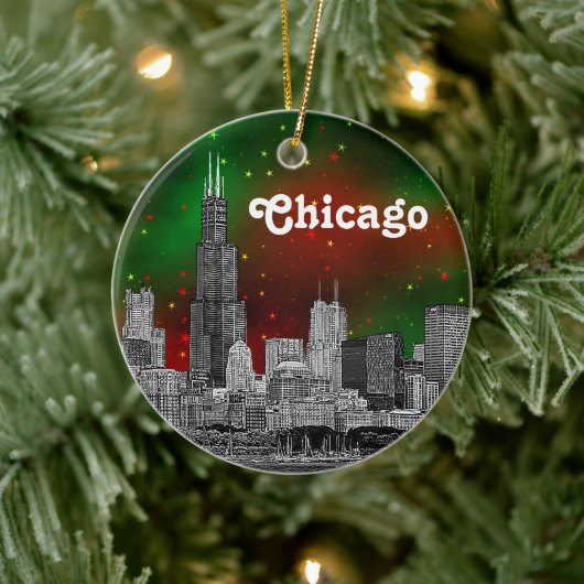 Chicago Skyline Etched, Green Red Starry Sky Xmas Keramik Ornament (Baum)