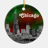 Chicago Skyline Etched, Green Red Starry Sky Xmas Keramik Ornament (Vorne)