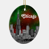 Chicago Skyline Etched, Green Red Starry Sky Xmas Keramikornament (Rechts)