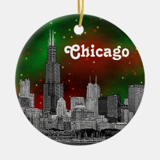 Chicago Skyline Etched, Green Red Starry Sky Xmas Keramikornament (Vorne)