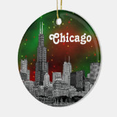 Chicago Skyline Etched, Green Red Starry Sky Xmas Keramikornament (Links)