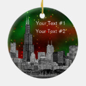 Chicago Skyline Etched, Green Red Starry Sky Xmas Keramikornament (Hinten)