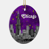 Chicago Skyline Etched, Purple Starry Keramik Ornament (Rechts)