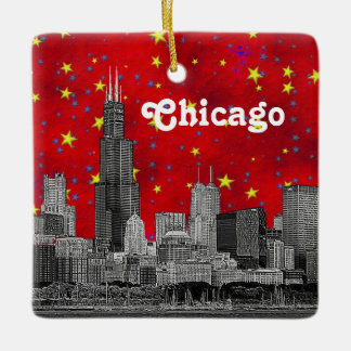 Chicago Skyline Etched, Red Starry Keramikornament