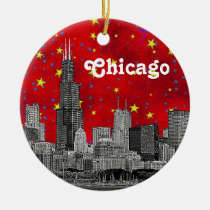 Chicago Skyline Etched, roter Sternenhimmel Keramikornament