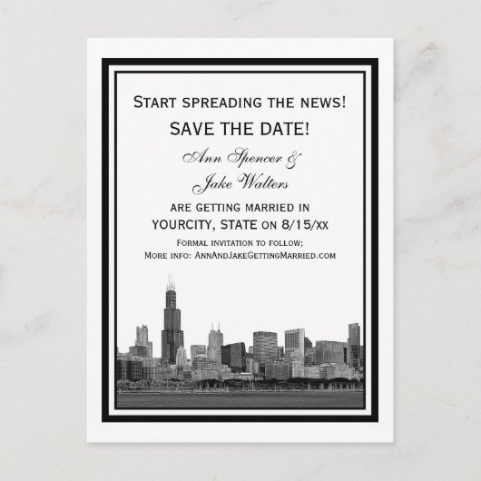 Chicago Skyline Etched Save the Date Gerahmt Ankündigungspostkarte (Vorderseite)
