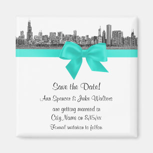 Chicago Skyline geätzt BW Aqua Save the Date Magnet